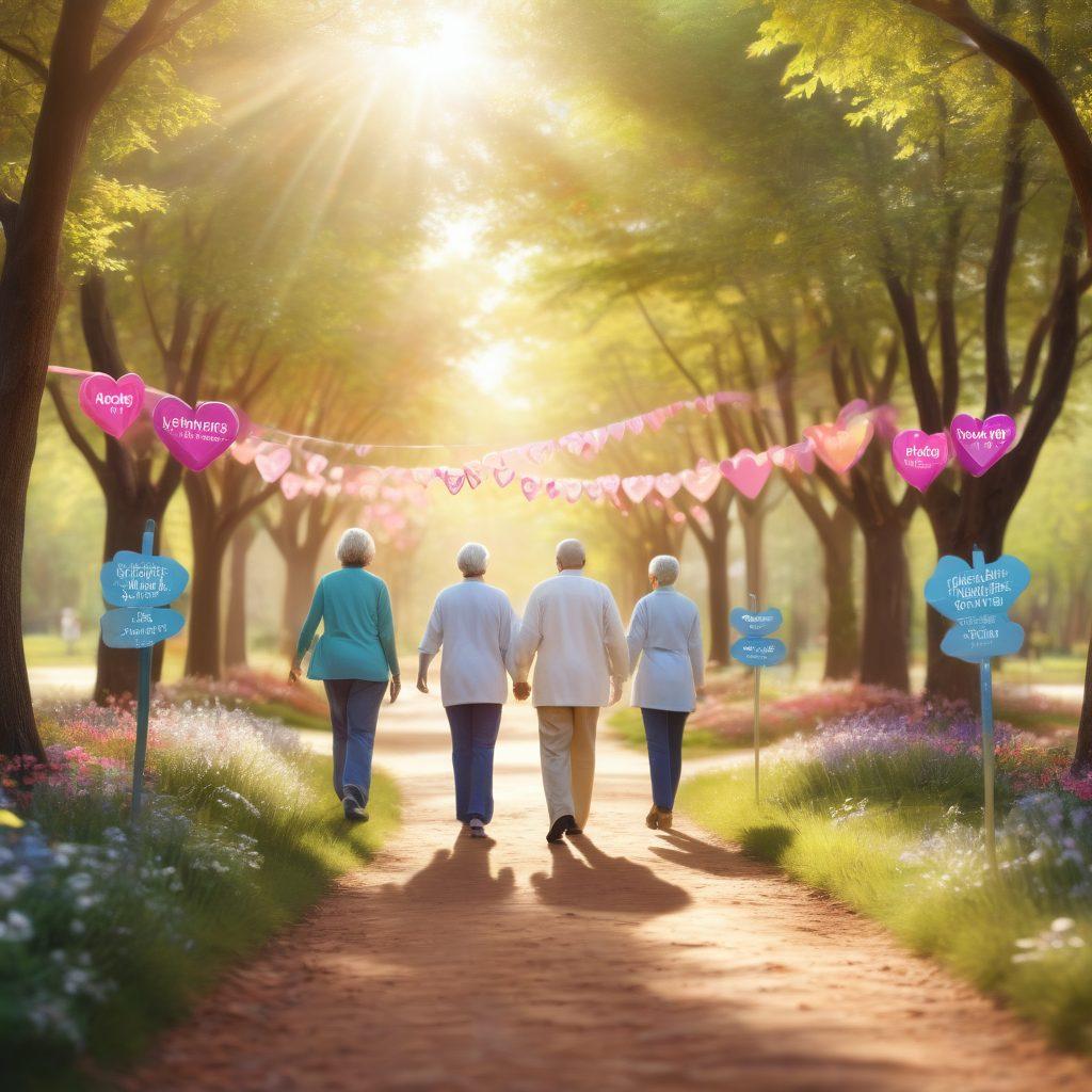 A compassionate scene depicting a diverse group of cancer patients and caregivers navigating a path together, with informational signs showing various treatment options and trial paths. Soft sunlight filters through trees in a supportive environment, emphasizing hope and resilience. Include symbolic elements like ribbons and love hearts. vibrant colors. 3D. soft focus.