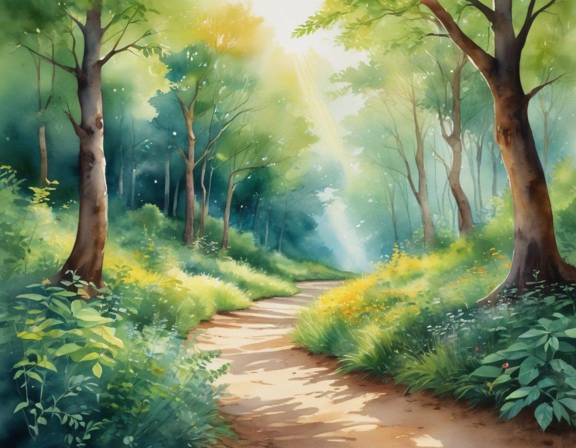 A serene landscape depicting a winding path through a lush forest, symbolizing the journey from diagnosis to remission. Along the path, diverse figures representing different individuals engage in holistic healing practices, such as meditation, yoga, and herbal remedies. Sunlight filters through the trees, creating a warm and hopeful atmosphere. In the background, subtle representations of advocacy, like community gatherings or support groups, can be seen. vibrant colors. peaceful ambiance. watercolor style.