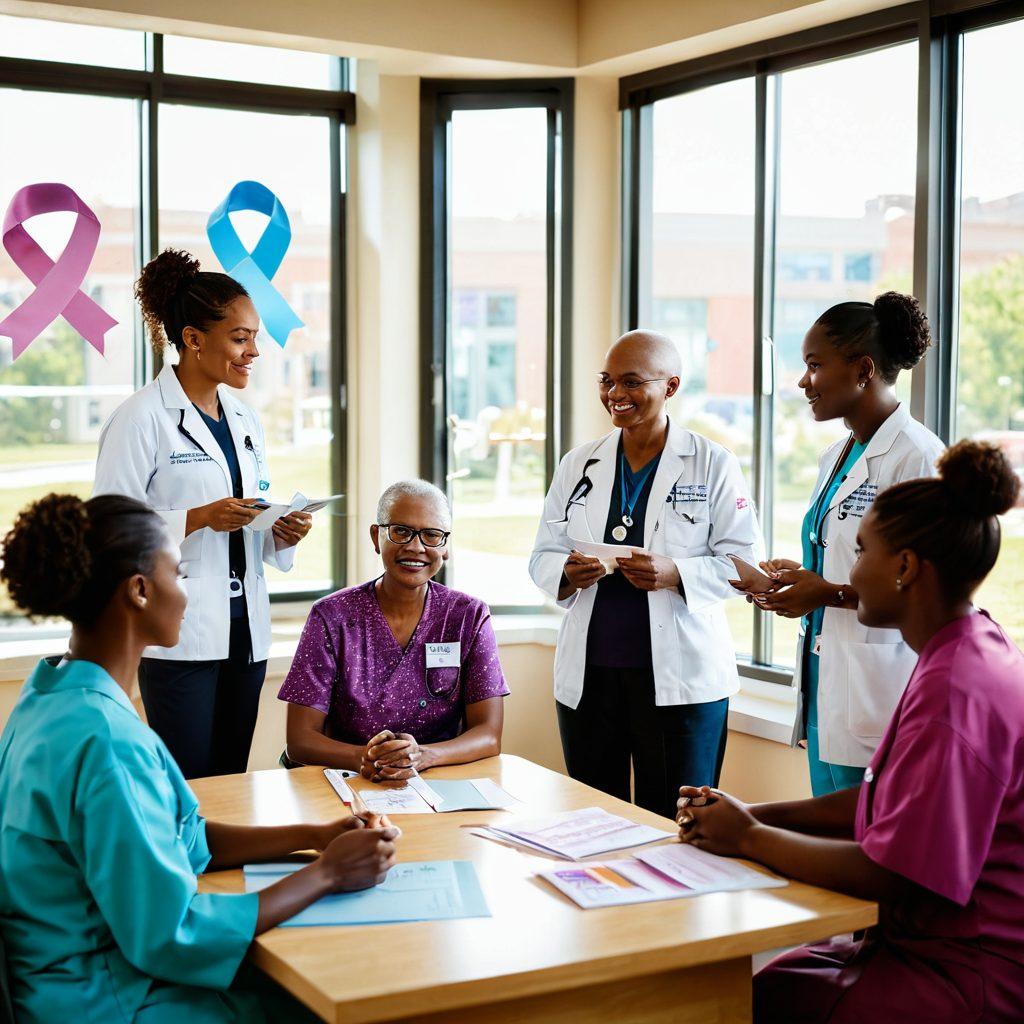 A compassionate healthcare professional guiding a diverse group of patients in a bright, welcoming clinic filled with educational materials about cancer awareness and support. Incorporate symbols of hope like ribbons and sunlight streaming through the windows. The scene should evoke feelings of empowerment and community. super-realistic. vibrant colors. soft lighting.
